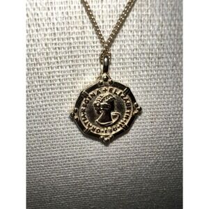 Queen Elizabeth 18k Gold Plate‎ Sterling Silver Medal Coin Necklace 15.5 in